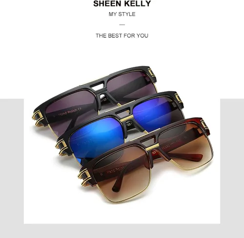 Vista 7 de SHEEN KELLY Gafas de sol piloto de gran tamaño retro con marco de metal para hombres y mujeres, gafas cuadradas semi sin montura