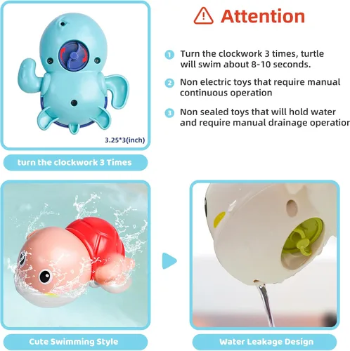 Vista 12 de LiKee Juguetes de baño, paquete de 3 con 3 colores, lindas tortugas de natación, juguetes de cuerda para bebés de 1 año en adelante, juguetes