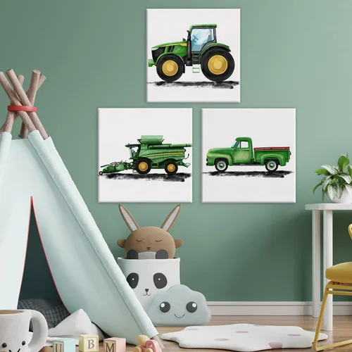 Vista 3 de Juego de 3 lienzos artísticos de tractores y vehículos agrícolas para cuarto de bebé, pinturas enmarcadas, impresiones de acuarela, viejos camiones