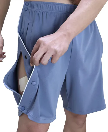 Vista 4 de Pantalones cortos para hombre, pantalones cortos para poscirugía, a presión, a presión, rodilla, cadera, recuperación quirúrgica, pantalones cortos