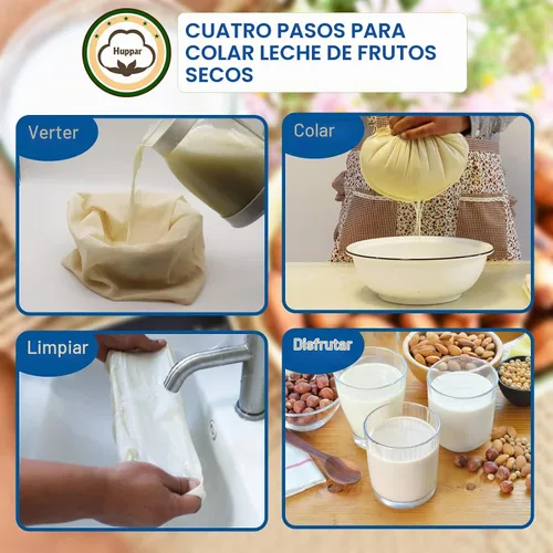 Vista 6 de Paquete de 3 bolsas de leche de nuez de 16 x 16 pulgadas para colar, 100% tela de algodón sin blanquear, gasa reutilizable, colador para leche