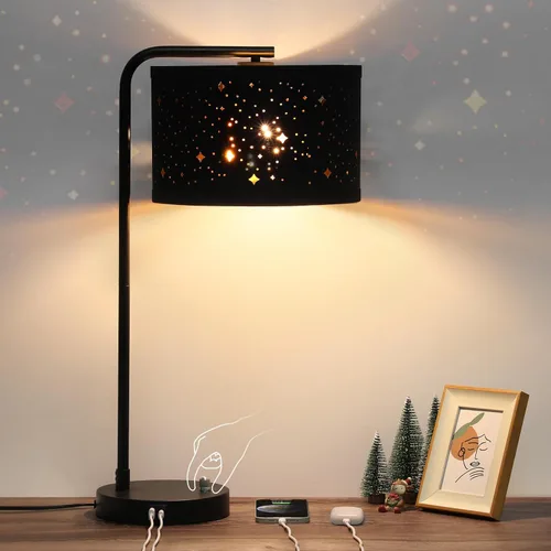 Vista 9 de Juego de 2 lámparas de mesa, lámpara de mesita de noche completamente regulable con puertos de carga USB C+A, lámparas modernas de noche