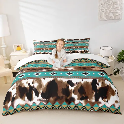 Vista 2 de Juego de ropa de cama de piel de vaca, funda de edredón con estampado de vaca de las tierras altas, tamaño individual, funda de edredón tribal Multi