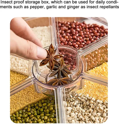 Vista 4 de Kufoo - Contenedor de almacenamiento de arroz y granos de 6 rejillas, dispensador de cereales giratorio de 360° con tapa, resistente a la humedad