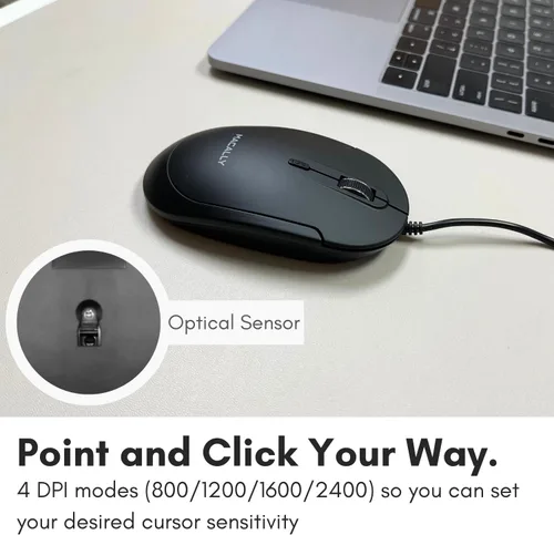 Vista 6 de Macally Ratón de computadora con cable, mouse USB silencioso - USB delgado y compacto para Apple Mac o Windows PC portátil/escritorio - Diseñado