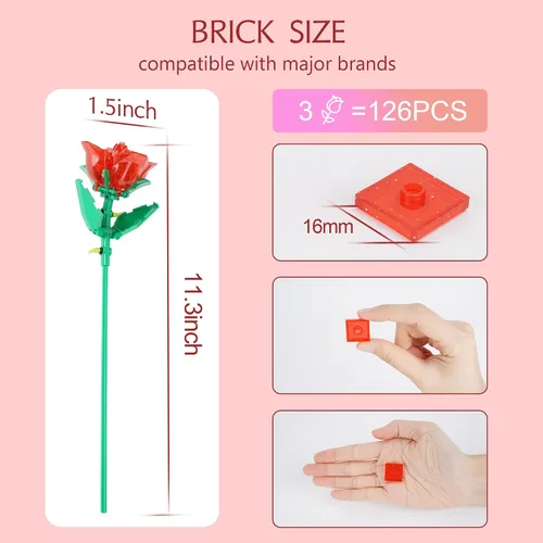 Vista 7 de Juego de construcción de ramo de rosas con luces, plantas artificiales, bonita colección botánica compatible, regalo para mujer
