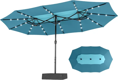 Vista 9 de PHI VILLA Sombrilla de patio grande de 15 pies con base y luces solares, paraguas rectangular de doble cara para exteriores con 36 luces LED, Beige