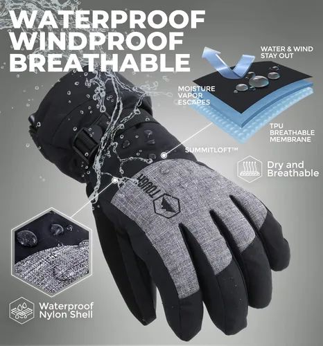 Vista 3 de Guantes de nieve con correas en las muñecas,para esquí y snowboard, resistentes al agua y al viento, exterior de nailon, aislamiento térmico y palma