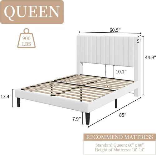 Vista 2 de LUXOAK Base de cama tamaño Queen tapizada en terciopelo con estación de carga, soporte de listones de madera, base de colchón, somier opcional