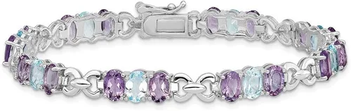 Vista 4 de Pulsera maciza de plata de ley 925 rodiada con amatista y topacio azul, Plata de ley, Amatista