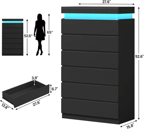 Vista 2 de HAUOMS Cómoda alta de 6 cajones con luz LED, cómoda moderna negra para dormitorio, armarios con cajones para sala de estar, entrada, pasillo