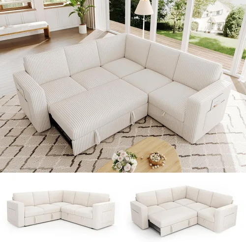 Vista 15 de Sofá modular de 85 pulgadas con cama extraíble, sofá modular de 5 asientos en forma de L con almacenamiento, sofás seccionales para sala de estar