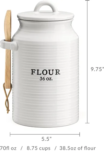 Vista 6 de Barnyard Designs - Tarro de harina decorativo para encimera de cocina, recipiente de cerámica para harina, tarro de granja rústico, blanco Tarro