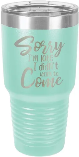 Vista 23 de Sorry I'M LATE I DIDN'T WANT TO COME Vaso negro de 30 onzas con popote y tapa superior deslizante Taza de viaje de acero inoxidable Comparar