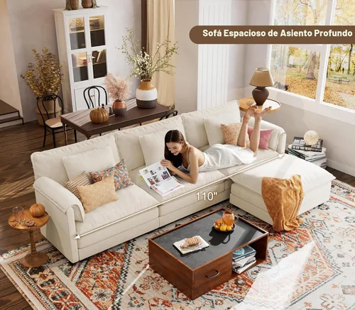 Vista 6 de ELUCHANG Sofá Seccional Modular en Forma de L de 113 pulgadas, cómodo sofá nube de 4 asientos con otomana móvil, sofá de asiento profundo para sala