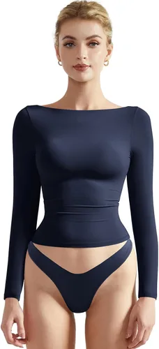 Vista 18 de SUUKSESS Camiseta de mujer con cuello redondo, manga larga, doblemente forrada, ajustada y corta