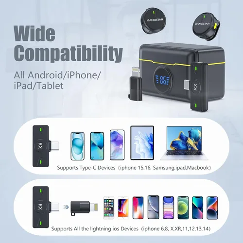 Vista 6 de LIANGSTAR Micrófono Lavalier inalámbrico para iPhone/Android, mini micrófono con estuche de carga con cancelación de ruido, duración de la batería