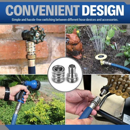 Vista 5 de Essential Washer Manguera de jardín de acero inoxidable de ¾ pulgadas, accesorios de conexión rápida Juego de 1 enchufe y acoplador