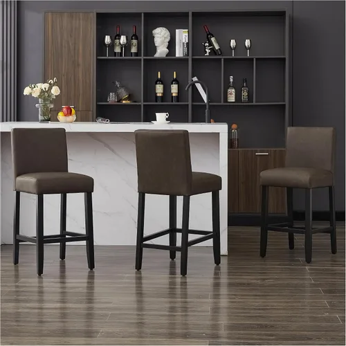 Vista 11 de Juego de 3 taburetes de bar de piel sintética de 26 pulgadas, modernas sillas de bar tapizadas de altura de barra, taburetes de bar con patas