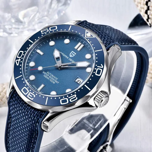 Vista 2 de Relojes automáticos de buceo Pagani Design 007-Model para hombre, movimiento NH35, materiales de acero inoxidable, bisel de cerámica giratoria Hule