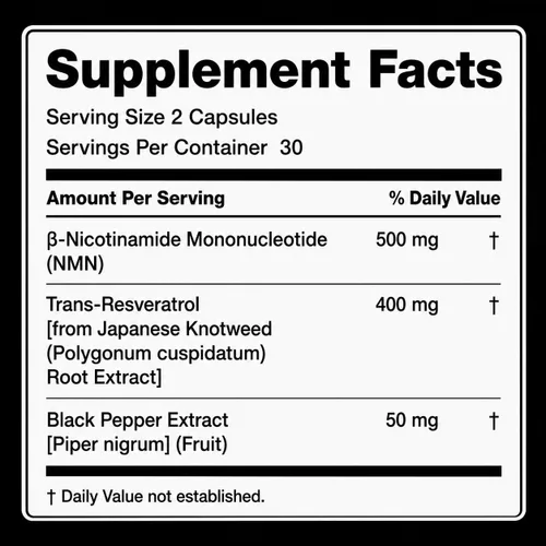 Vista 3 de NMN Complex 950 mg with Trans-Resveratrol, 60 Vegetarian Capsules, 30 Days