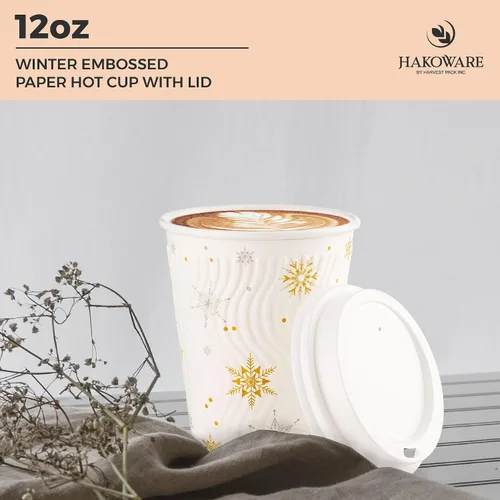 Vista 3 de Harvest Pack - Juego de 100 tazas de café desechables de Navidad de 12 onzas con tapas, tazas de papel caliente aisladas con copos de nieve blancos