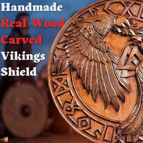 Vista 4 de Carfar Vikings medievales hechos a mano para adultos tamaño de 24 pulgadas escudo de guerrero hecho a mano madera natural y hierro juego de batalla