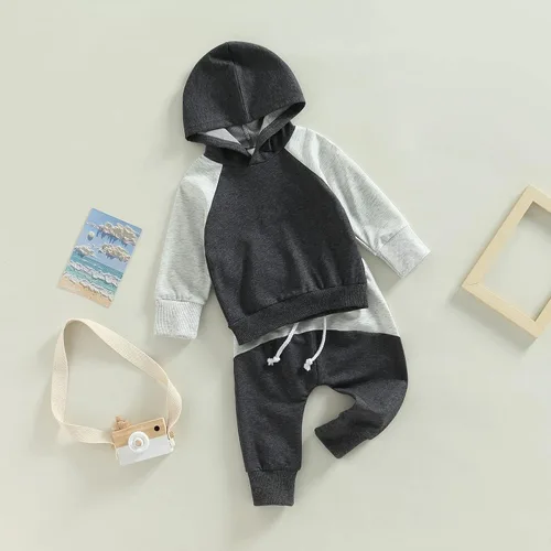 Vista 135 de Ropa de bebé niño 3 6 9 12 18 24M 3T Conjunto de pantalones con capucha patchwork sudadera con capucha pantalones de rayas traje de otoño invierno