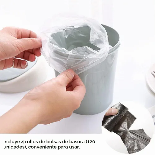 Vista 4 de SITAKE 2 cubos de basura de plástico con 120 bolsas de basura, pequeño cubo de basura de escritorio con tapa abatible para el hogar, oficina Azul