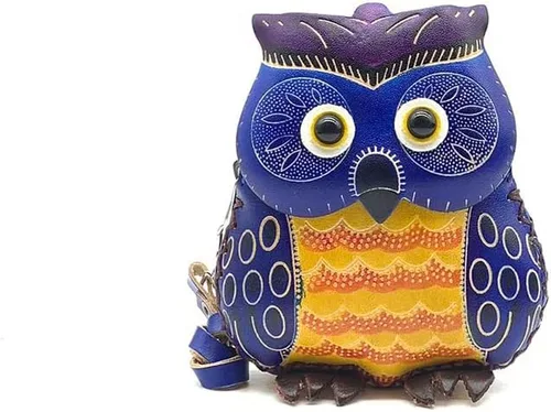 Vista 9 de Handmade Vintage Genuine Leather 3D Animal Owl Coin Purse with Removable Wrist Strap (Brown)