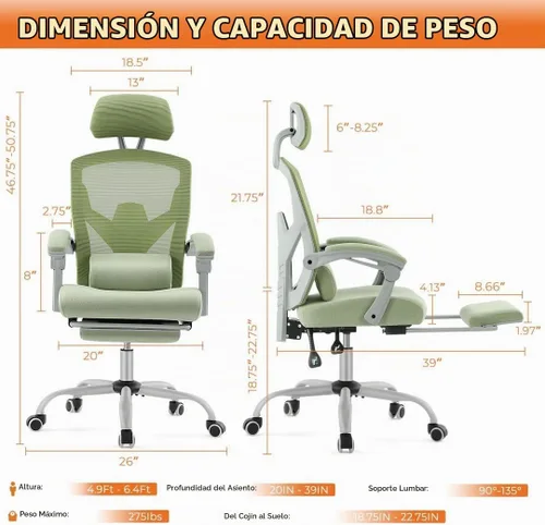 Vista 2 de Silla ergonómica de escritorio para computadora de oficina con almohada lumbar y reposapiés retráctil, sillones giratorios de malla con respaldo