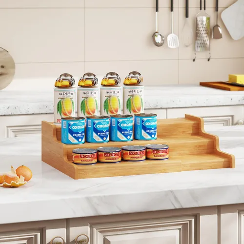Vista 4 de Organizador de latas de bambú expandible para despensa, soporte de almacenamiento de latas ajustable de 3 niveles, organizador de soda con capacidad
