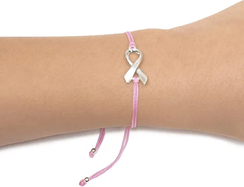 Vista 4 de Pink Breast Cancer Awareness Bracelet With Large Sterling Silver Plated Ribbon Shaped Charm and Friendship Support Message Card, Womens Adjustable