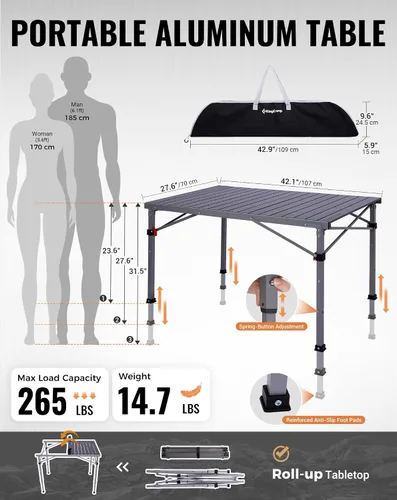Vista 2 de KingCamp Mesa de camping plegable de 265 libras, mesa de exterior 4P - 42.1 × 27.6 pulgadas - 3 altura ajustable