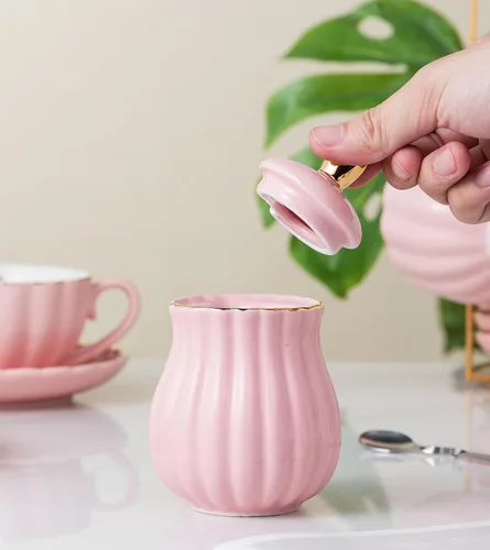 Vista 6 de CLAY TONIC- Juego de tazas de té y café de porcelana fina púrpura de 8 oz, tazas y platillos, con tetera, azucarero, jarra para crema, cucharaditas