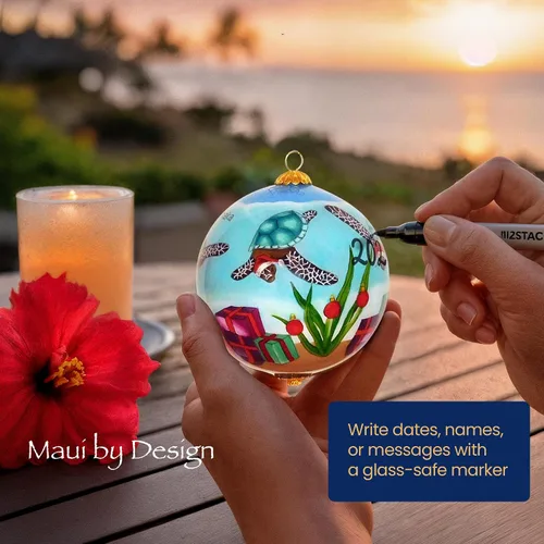 Vista 7 de Adorables tortugas marinas celebran la Navidad pintado a mano ornamento hawaiano