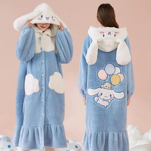 Vista 3 de Bata de baño con botones para mujer, abrigo de felpa cálido, pijama larga con bonito patrón de bolsillo
