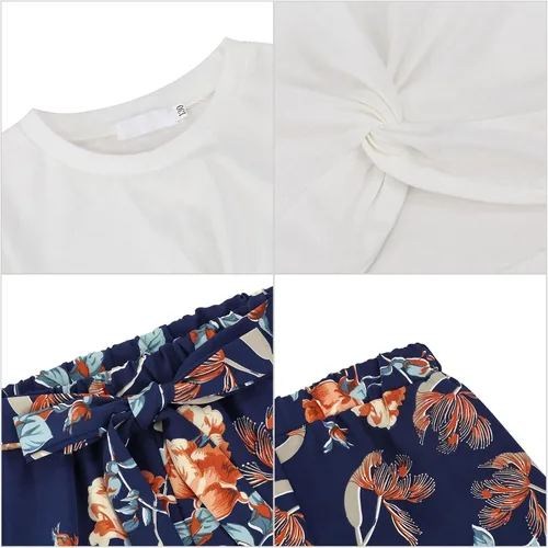 Vista 5 de Huanye Conjunto de 2 piezas para niñas de manga corta y pantalones cortos con lazo frontal