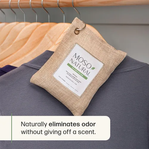 Vista 2 de Moso Natural Bolsa purificadora de aire de 7.05 oz (paquete de 4). Un eliminador de olores sin olor para automóviles, armarios, baños, áreas