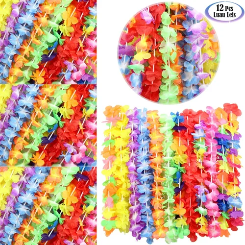 Vista 3 de AnapoliZ Luau Leis - Juego de 12 piezas Collar hawaiano Leis Decoraciones de fiesta Luau Leis para fiesta temática Luau Collar de flores Lei