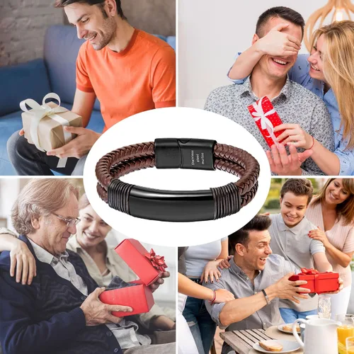 Vista 7 de murtoo Pulsera para hombre de cuero y acero, pulseras trenzadas de doble fila para hombres con cierre magnético de acero inoxidable, regalo elegante
