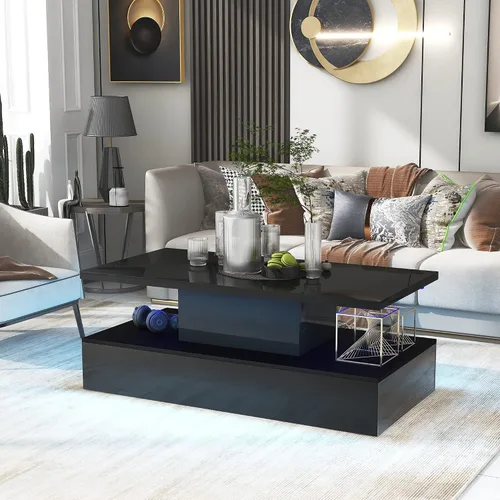 Vista 4 de Quarte Mesa de centro de estilo moderno de 2 niveles con iluminación LED de 16 colores, mesa de cóctel con control remoto y gran lugar