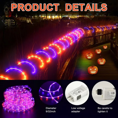 Vista 2 de Guirnalda de luces de Halloween para exteriores, 33 pies, 400 luces LED naranja y morado, luces de tubo impermeables enchufables, 8 modos