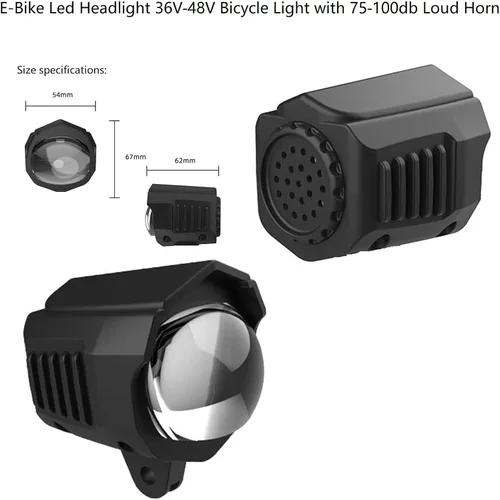 Vista 6 de Faro plegable para bicicleta eléctrica de montaña, conector macho de 3 pines, luz delantera de bicicleta de 36 V a 48 V, con 80-100 db, faros