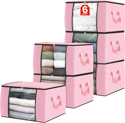 Vista 28 de Fab totes Paquete de 3 bolsas de almacenamiento plegables de tela gruesa, contenedores para organizar dormitorio, armario, ropa, edredón, Beige