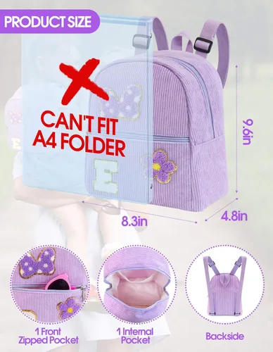 Vista 5 de Mini mochila de pana para niñas de 2, 3, 4, 5, 6 años, regalo de felpilla con inicial y lazo para ratón, mochilas de pana para niños pequeños