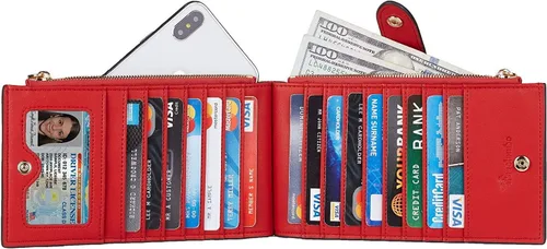Vista 3 de Travelambo Billeteras de cuero para mujer, delgada, con bloqueo RFID, billetera plegable para tarjetas de crédito, Rojo Clásico, Moda