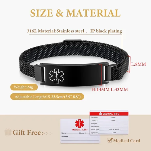 Vista 59 de VNOX Pulsera de identificación de alerta médica para hombres y mujeres, pulseras de alerta médica con grabado personalizado para mujeres y hombres