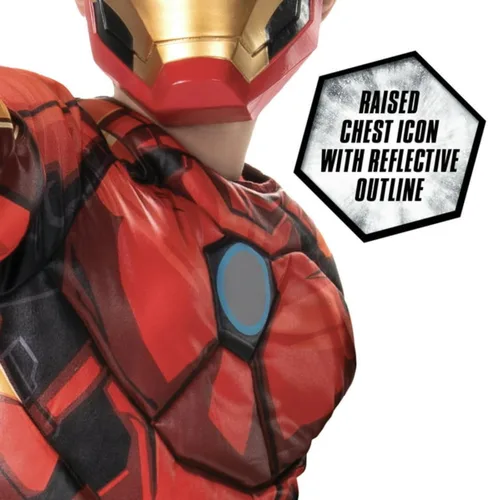 Vista 3 de Jazwares Disfraz de superhéroe de Iron Man para niños 8 medianos: overol completo con reactor de fusión reflectante y máscara metálica