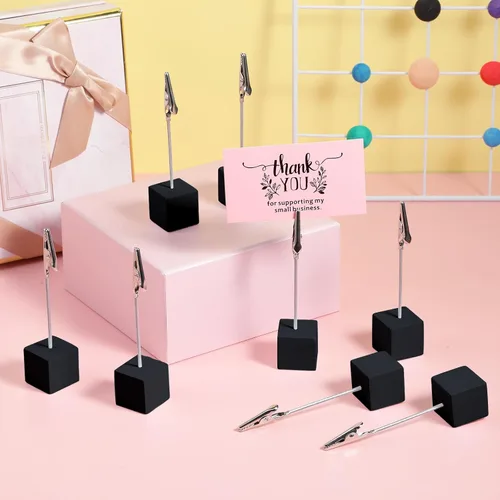 Vista 4 de Gersoniel 20 Piezas Soporte de Clip para Notas Base Cúbica con Clip de Cocodrilo Soporte de Números de Mesa de Madera Base Cúbica Soporte